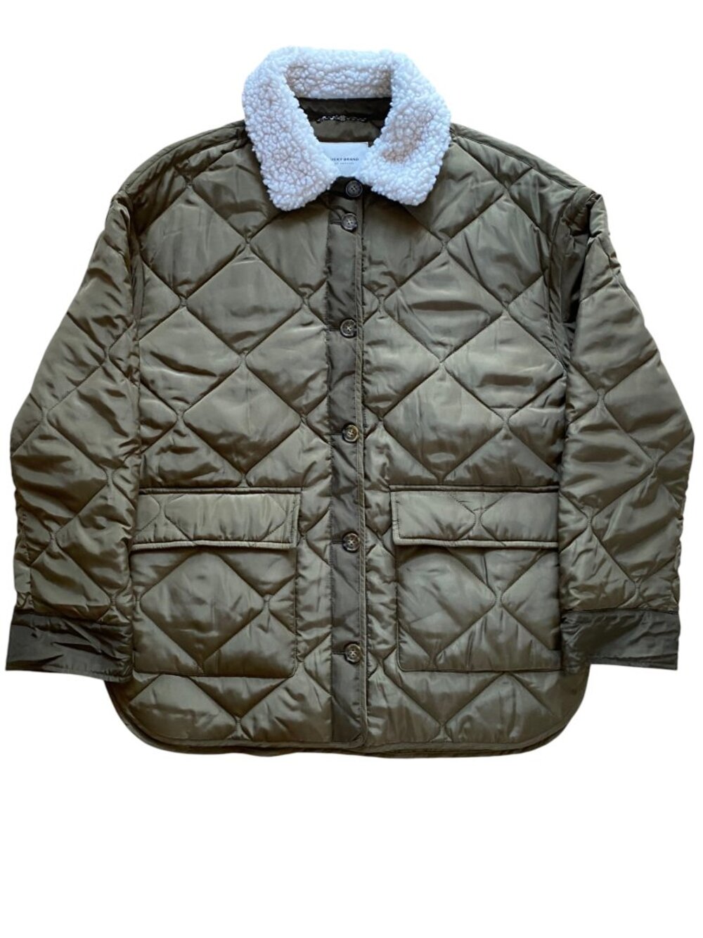 Lucky Brand Olive Green Quilted Jacket Faux Shearling Sherpa Collar Barn Fall-S